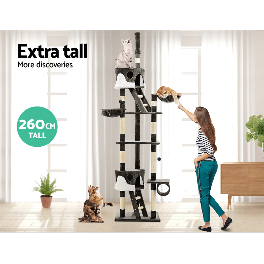 i.Pet 260cm Cat Tree Tower Scratching Post Scratcher Condo House Trees Grey