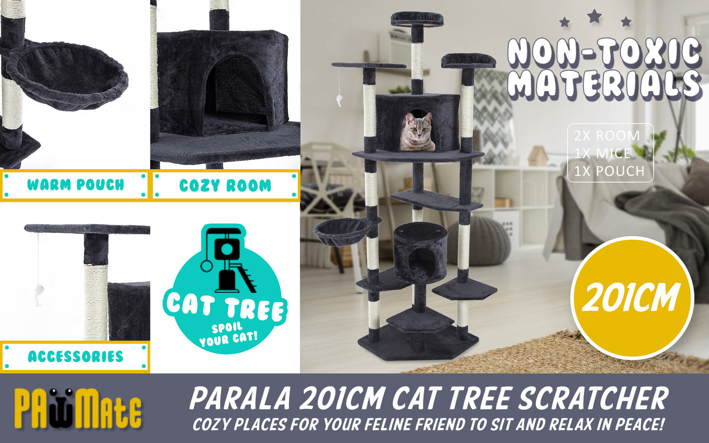 Paw Mate Cat Tree Multi Level Scratcher Parala 201cm - Grey