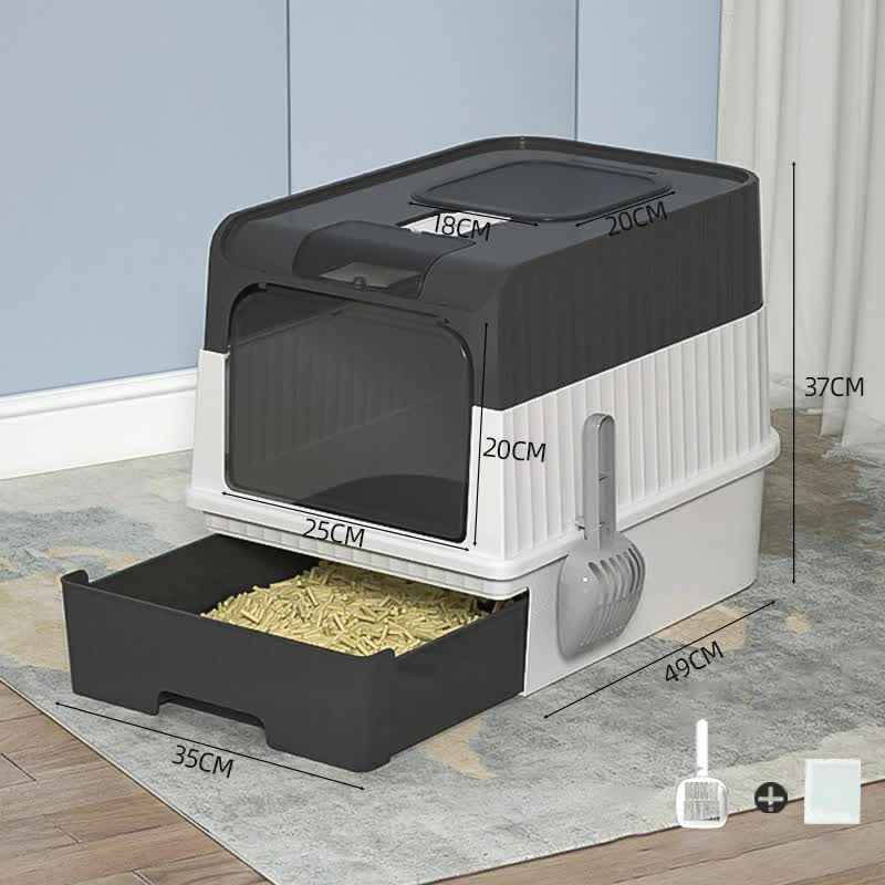 Black Large Enclosed Cat Litter Box with Drawer, Scoop-Odor Control & Removable Tray